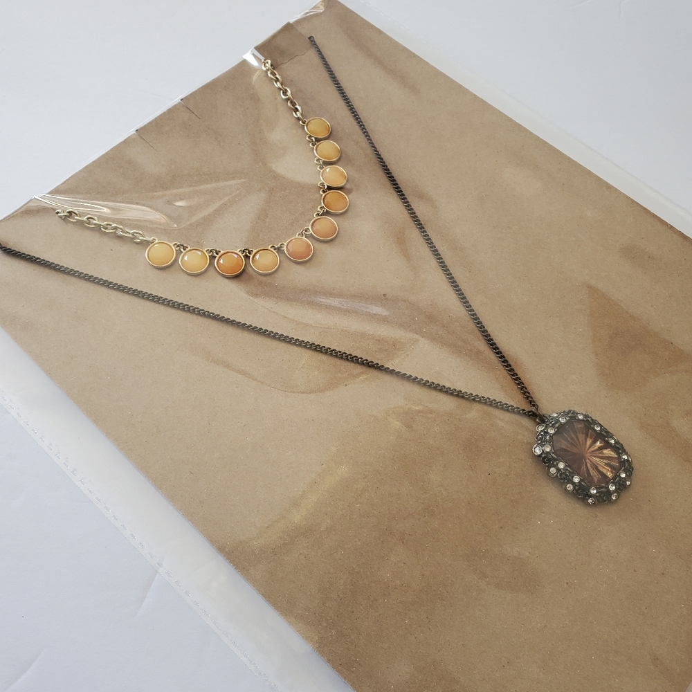 Bundle of 2 Necklaces Avon Vintage Amber Orange Rose Floral Pendant Bronze Gold